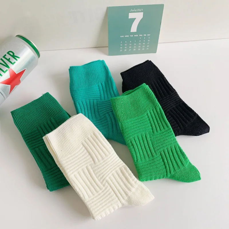 1 Pair Green Socks For Men And Women 2024 Autumn Winter Mid Tube Socks Retro Pile Socks Pure Cotton Double Needle Textured Sock