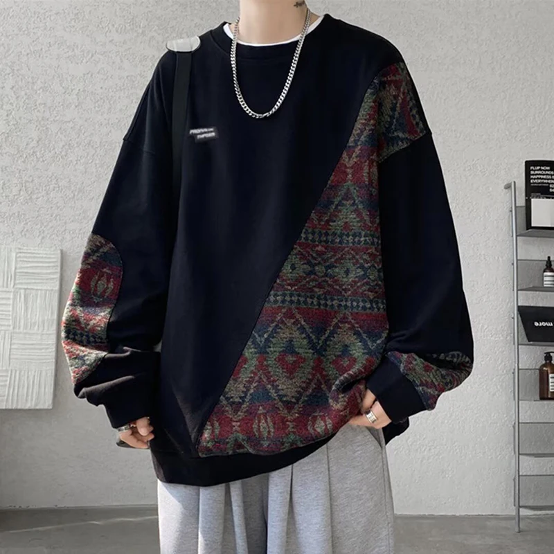 Vintage Nationality Print Spliced Men O Neck Long Sleeve Sweatshirt Autumn Winter Fashion Harajuku Casual 2xl Oversized Pullover