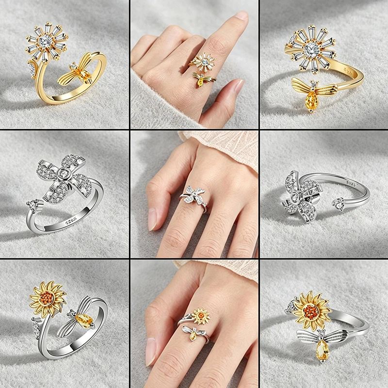 Vintage Crystal Daisy Flower Anti Anxiety Ring Relief Fidget Bee Open Jewelry Ladies Rotate Windmill Rings Gifts Accessories