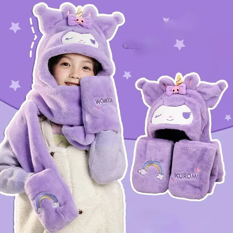 Hello Kitty Cute Cartoon Winter Warm Outdoor Student Skin Friendly Hat,Scarf,Gloves,One-piece Hat-Perfect Gift for All Ages