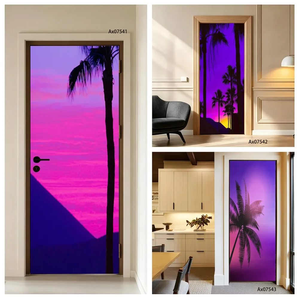 Tropical Palm Tree Door Decal Waterproof Removable Dark Ocean Dusk Palm Silhouette Household Entrance Front Door Wall Art Decor