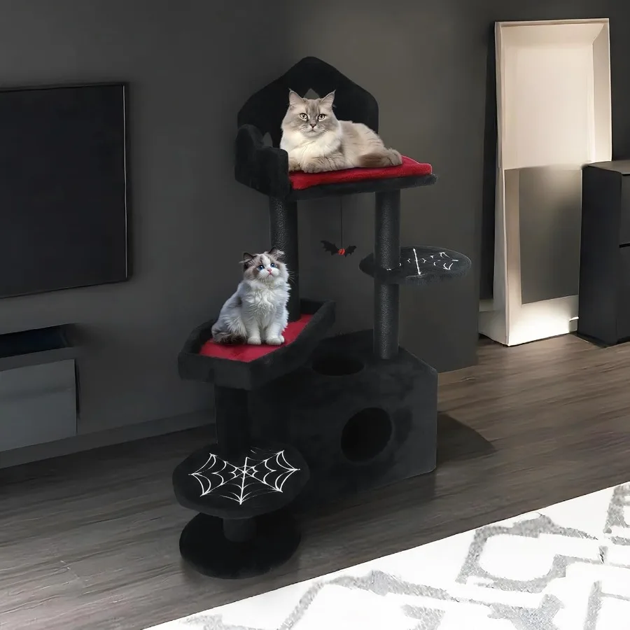 

45in Gothic Cat Tree with Coffin Bed Black Cat Tower Featuring Spooky House Design and Multiple Scratching Posts Ideal for Hall