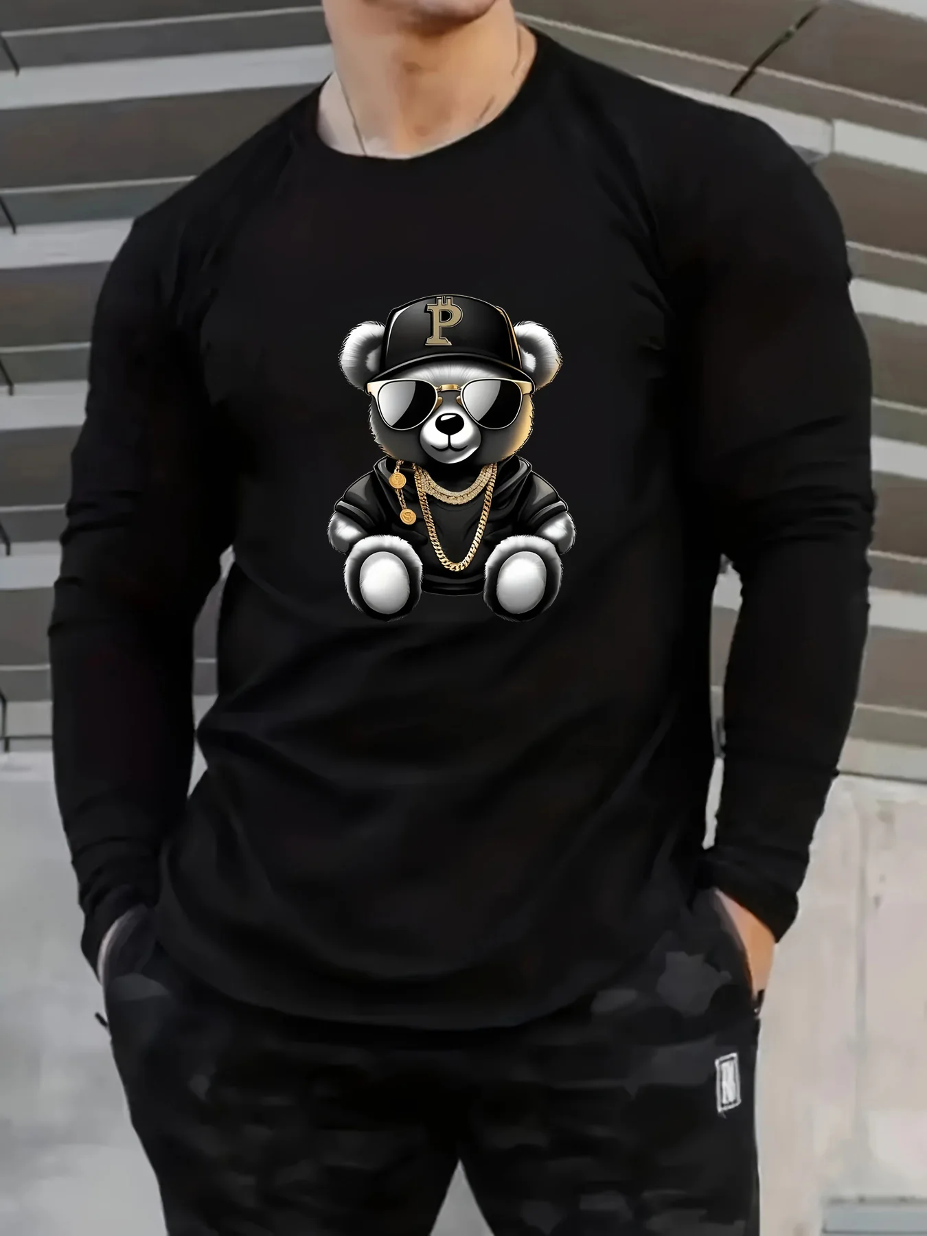 

00 хлопковая мужская повседневная футболка с длинными рукавами и круглым вырезом, свободная осенне-зимняя футболка с принтом медведя, универсальный топ