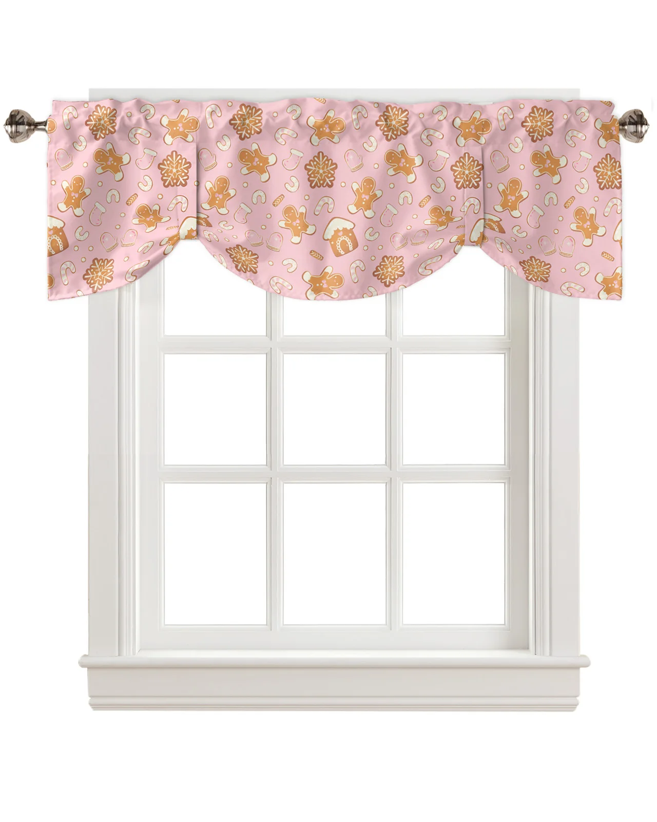 Christmas Gingerbread Man Pink Window Curtain for Living Room Christmas Kitchen Cabinet Tie-up Valance Curtain Rod Pocket