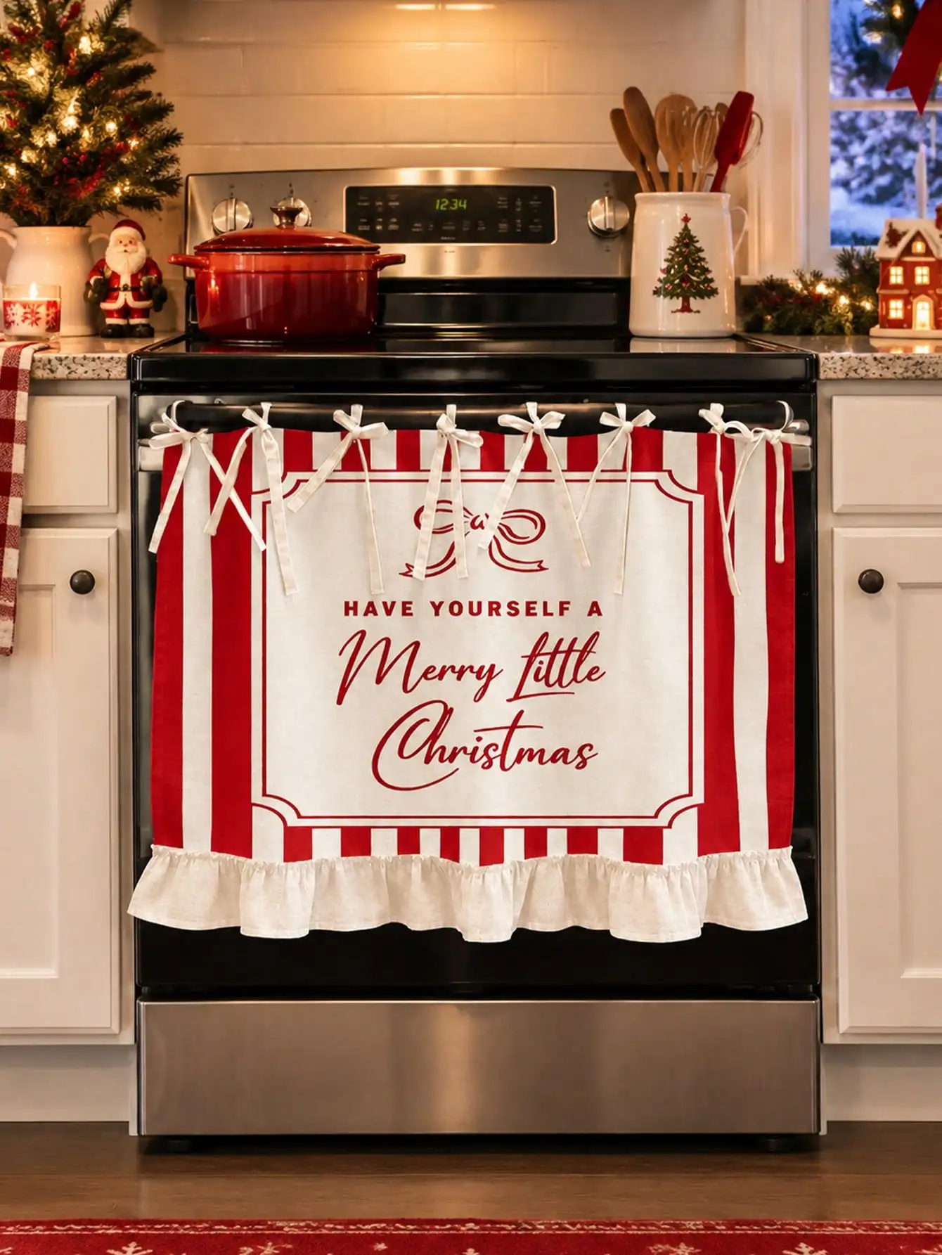 1PC Red And White Striped Ruffled Curtain Panel – Semi-Sheer Valance; Suitable For Oven Covers, Dishwasher Covers, And Bathroom Windows – Versatile Hanging Panel, Ideal For Christmas Decor