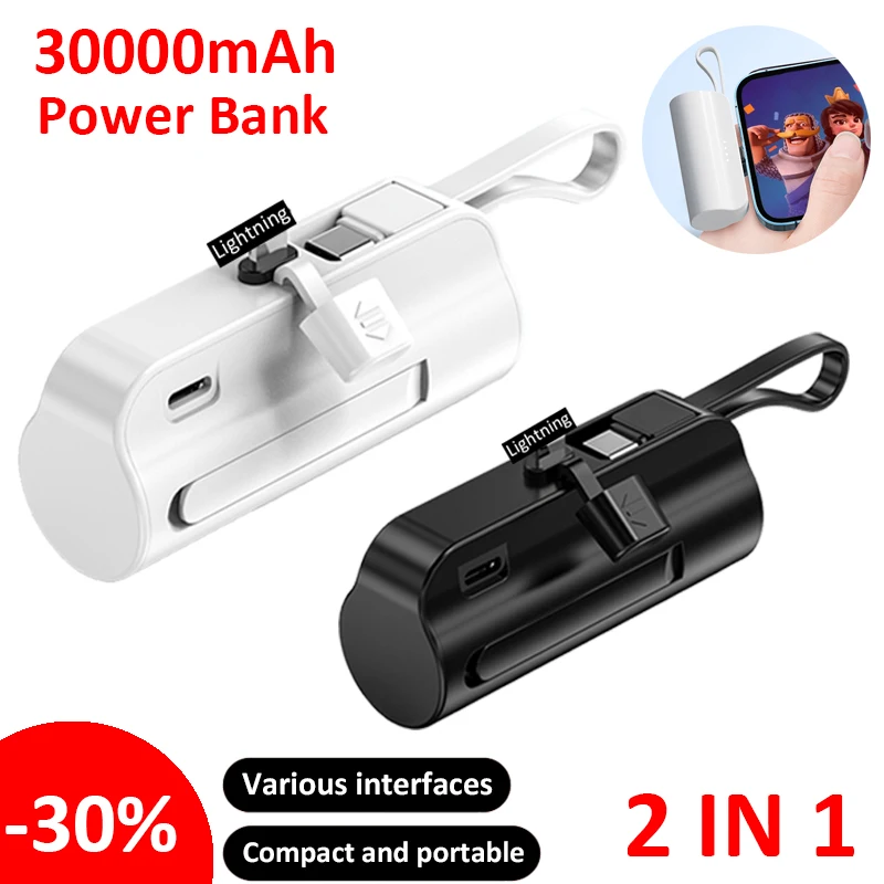 Mini Power Bank 30000mAh Capsule Portable Power Bank Fast Charging Built Cable External Battery Plug Play For iPhone Samsung