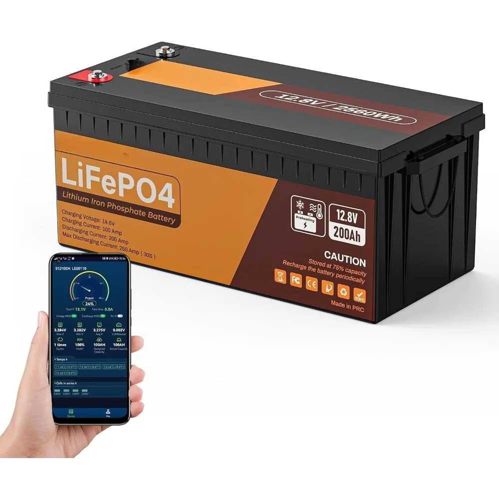 

12V 200Ah Self-Heating LiFePO4 Battery, 200A BMS w/Smart APP & Wireless Monitor, 4000+ Cycles for RV/Marine/Off-Grid