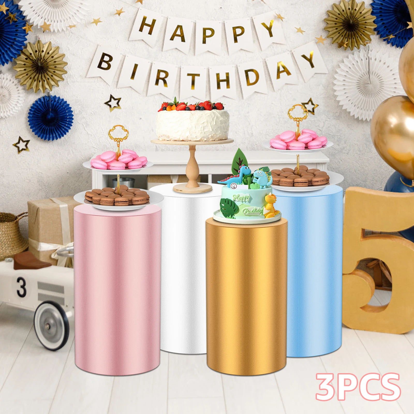 3Pcs Cylinder Pedestal Plinth Cake Stand Reusable Dessert Table Display Pillars Cover for Birthday Party Wedding Props Decor