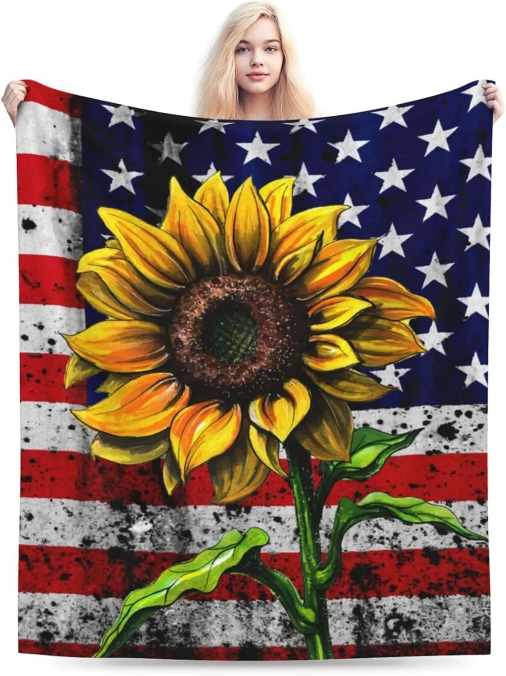 Sunflower American Flag Blanket USA Flag Soft Warm Throw Print Blanket for Couch Bed 60 X 50 Inch