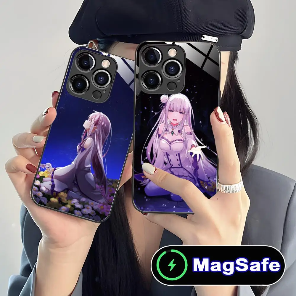 حافظة هاتف محمول ReZero Emilia Waifu لهاتف iPhone 17 16 15 14 13 12 11 Pro Max Plus Mini MagSafe غطاء ملون زجاجي فاخر جدًا