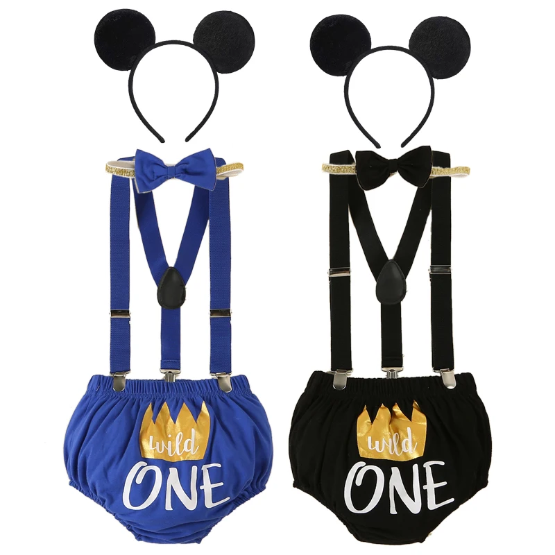 Baby Cash Outfit Mickey Cosplay Costume 1st Birthday Suspenders Shorts Bowtie Headband Infant Newborn Photograph PP Pants Set
