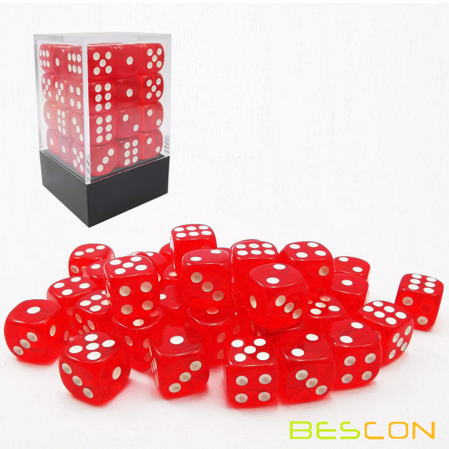 Bescon 12mm 6 Sided Dice 36 in Brick Box, 12mm Six Sided Die (36) Block of Dice, Translucent Red with White Pips