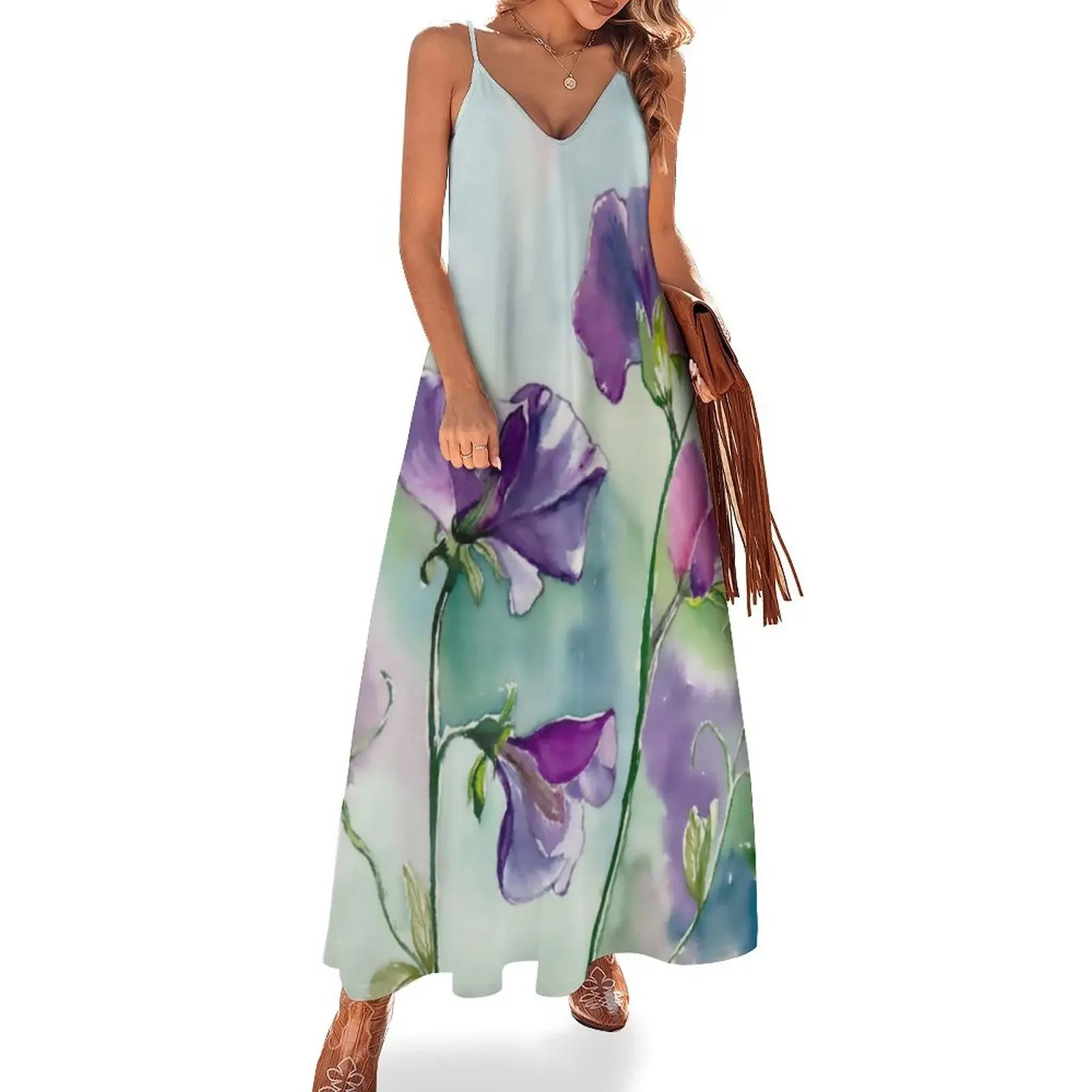 

Sweet Pea Watercolour Painting Sleeveless Dress summer dress dress for women