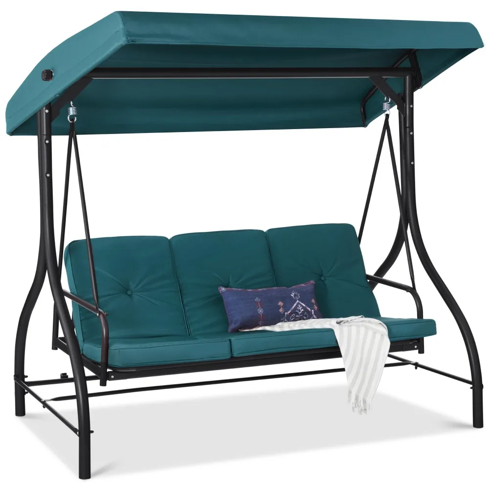 3-Seat Outdoor Large Converting Canopy Swing Glider, Patio Hammock Lounge Chair for Porch, Backyard w/Flatbed