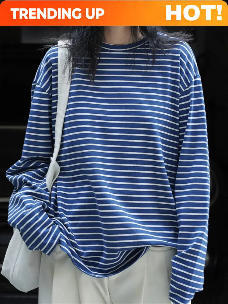 Customization 2026 Spring Simple Vintage Stripe T-shirt Women O-Neck Loose Long Sleeve Casual Tees Top Female Blue/White