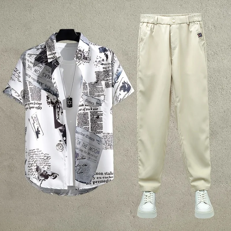

Short-sleeved Shirt and Trousers Set Men's Short Sleeve Print Shirts Thin Top and Pant