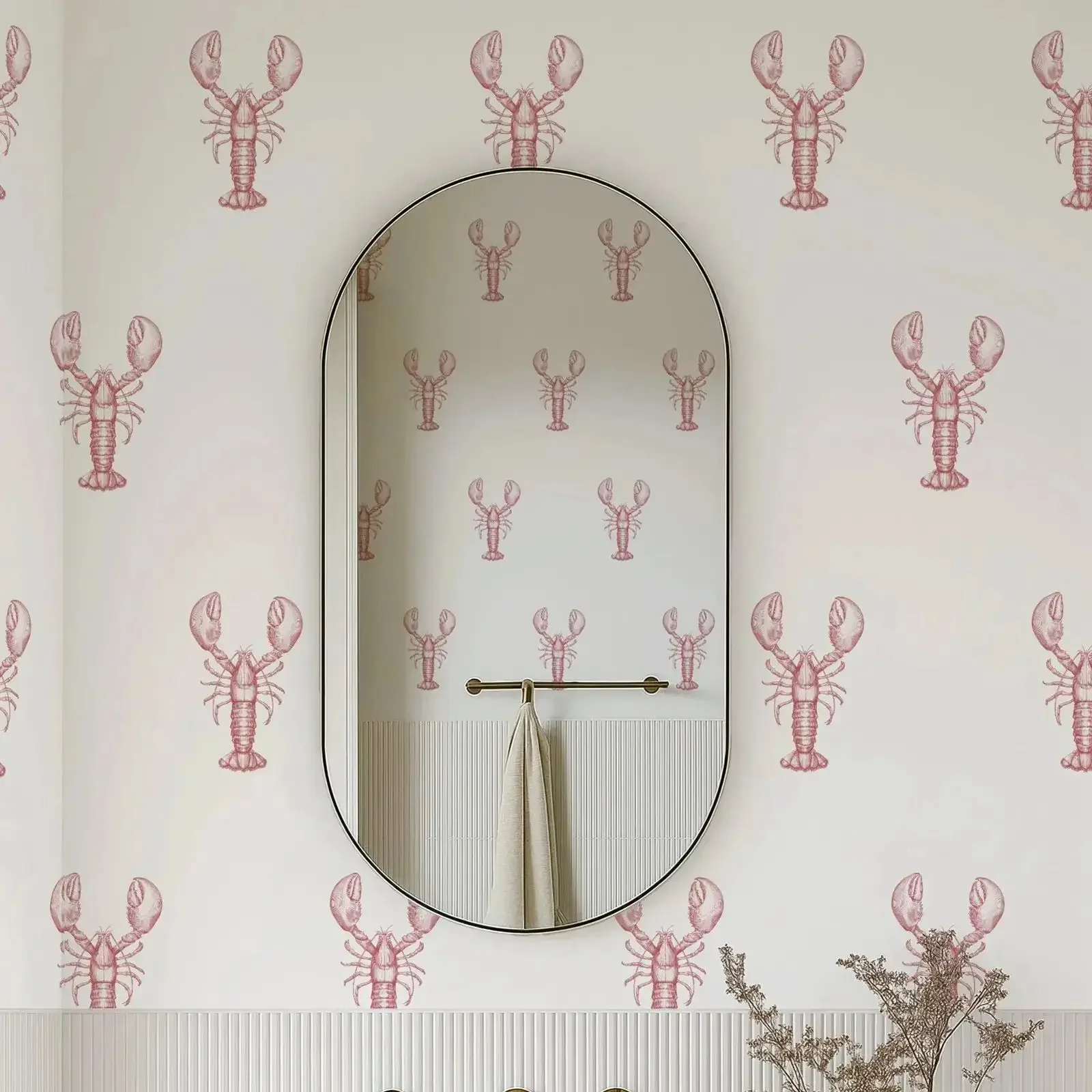 Lobster Peel and Stick Wallpaper,Coastal Ocean Animal Wall Mural In Red and White,Self Adhesive Or Regular Sea Life Wall Mural