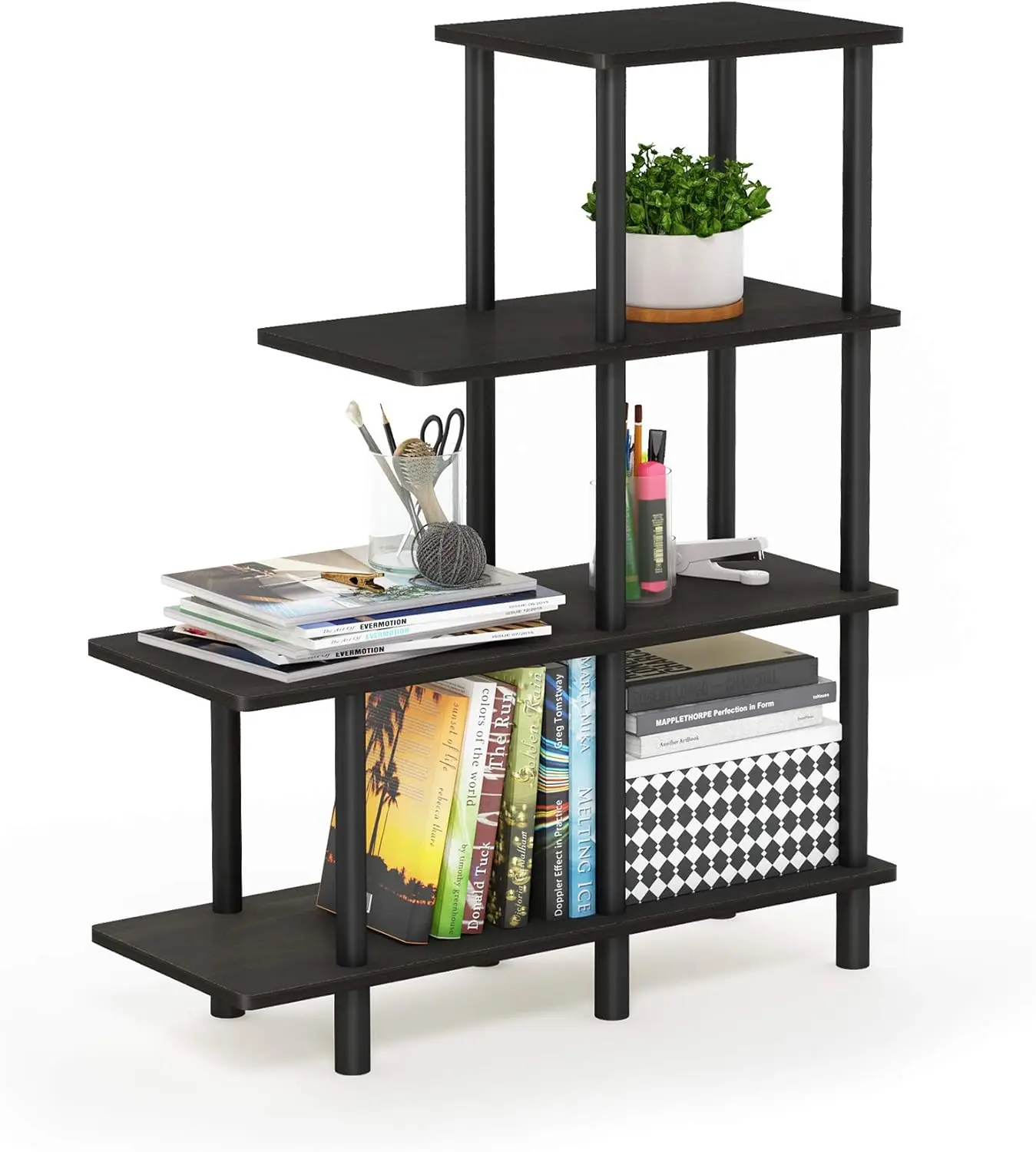 

4-Tier Cube Ladder Shelf with Open Shelves, Espresso Black Finish for Home Storage