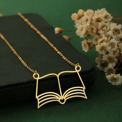 Kinitial Reading Lover Books Pendant Necklace For Women Stainless Steel Bookworm Student Jewelry Choker Necklace