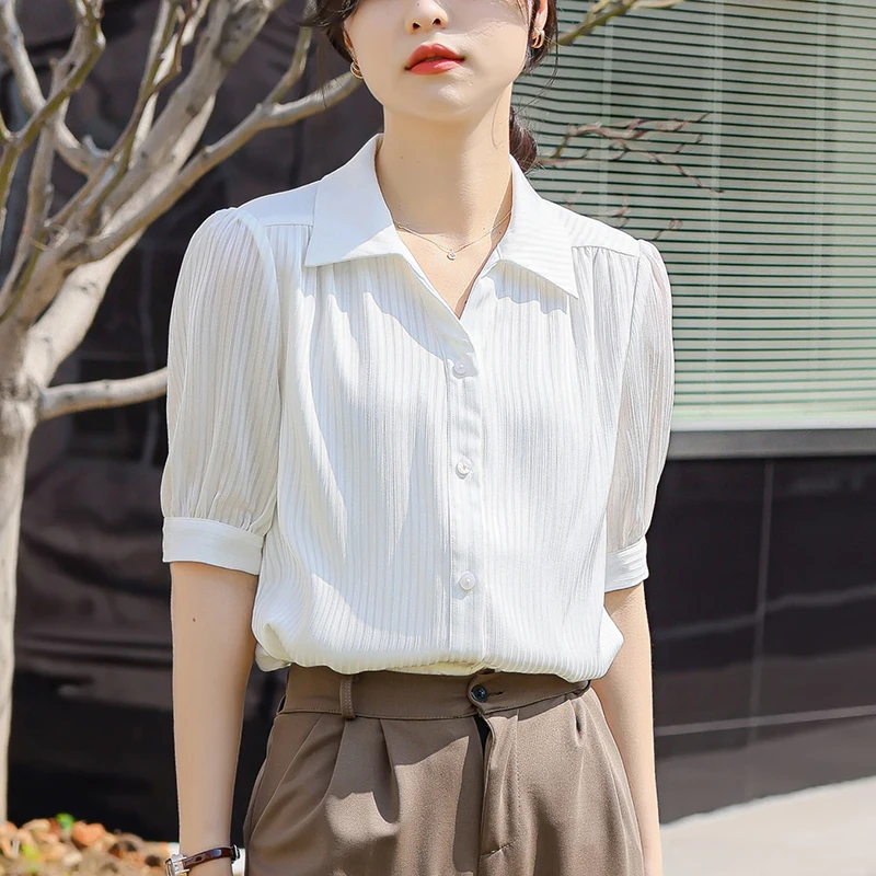 Fashion New Short Sleeve Turn Down Collar Women Shirt Casual Chiffon Shirt Blouse Women Tops  Blusas Mujer De Moda 2024 Verano