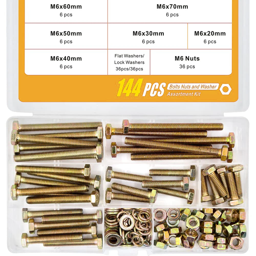 

144 pieces 8.8 M6x20mm -70mm hex head screws and nuts flat lock washers combination kit