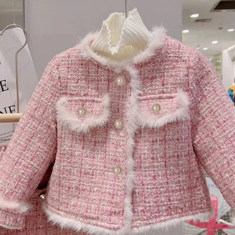 2024 Winter New Girl's Small Fragrant Wind Cotton Clip Thickened Coat+Half Skirt Two Piece Thickened Western Style Set