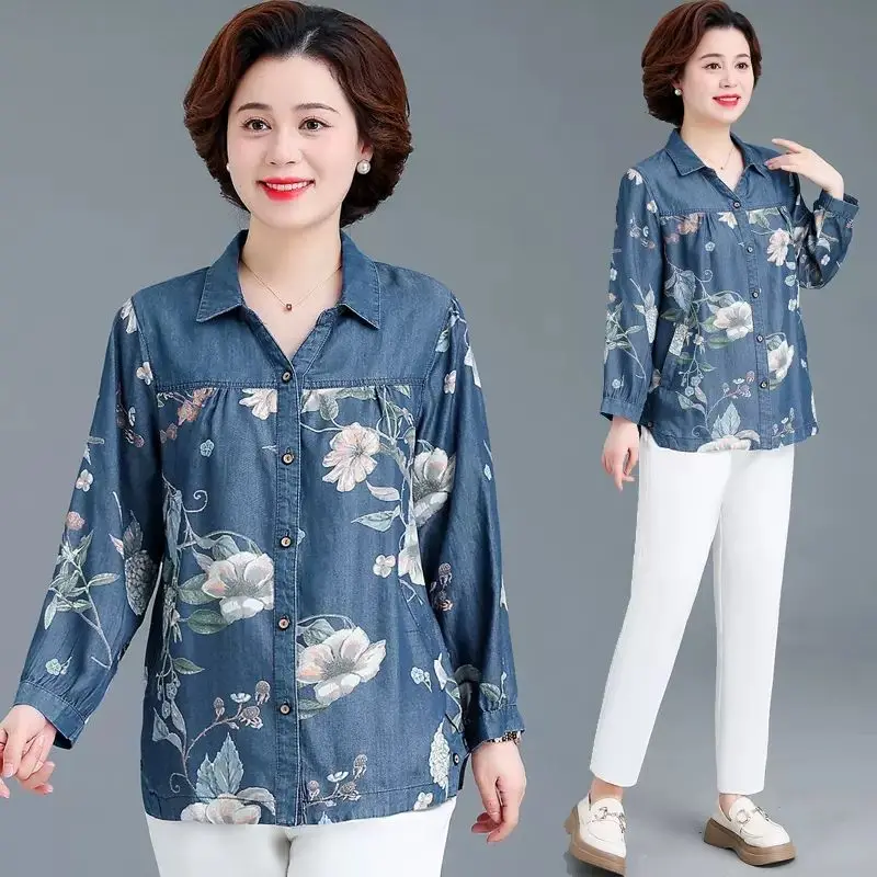 Floral Printed Denim Blouse Nine Quarter Sleeve Top 2024 New Middle And Elderly Women Loose Casual Button Cowboy Shirt 5XL