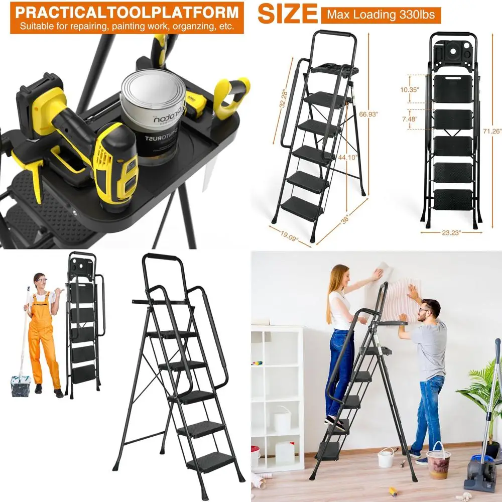 

Компактная стальная складная лестница с противоскользящими ступеньками, платформа для инструментов, прочная и портативная, черная