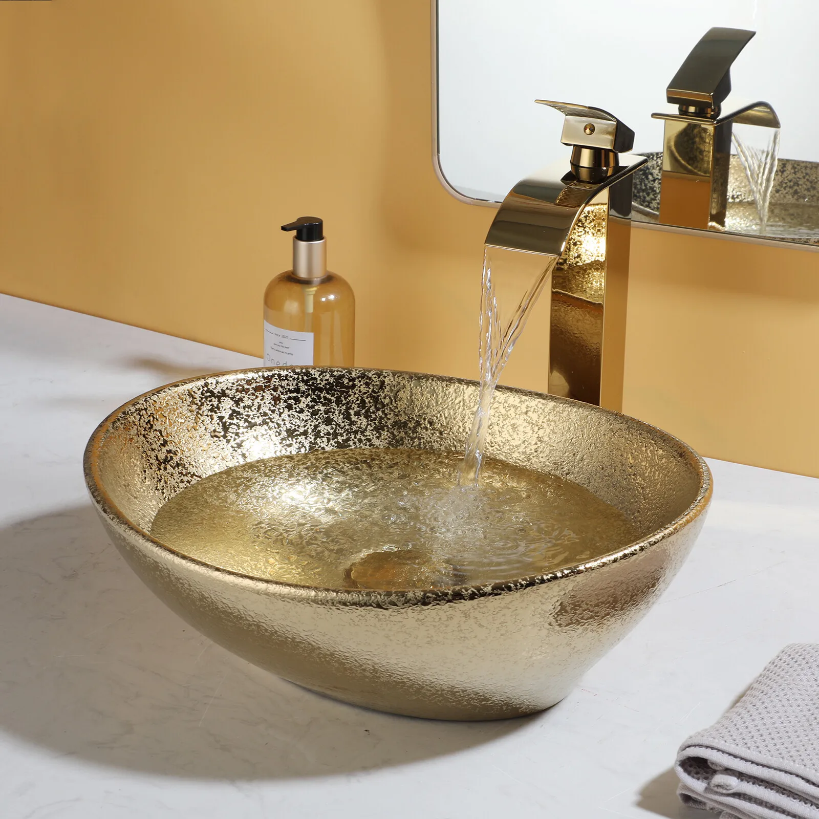 

US Gold Bathroom Vessel Sink Oval Ceramic Washing Basin Bowl Waterfall Mixer Tap