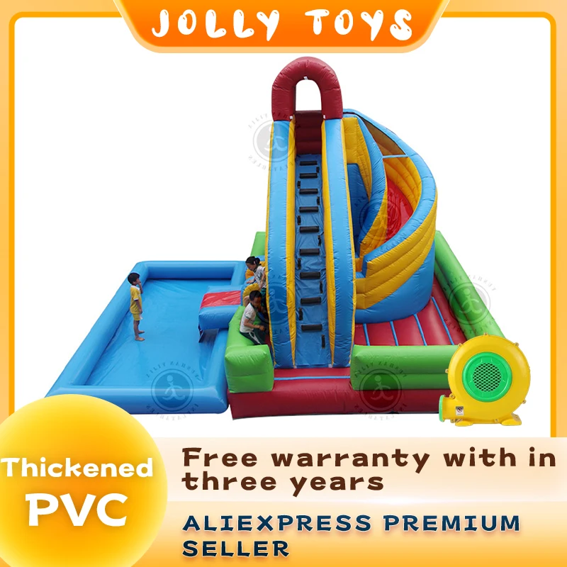 Large colorful inflatable castle slide with pool for children outdoor long slide castle, inflatable slide