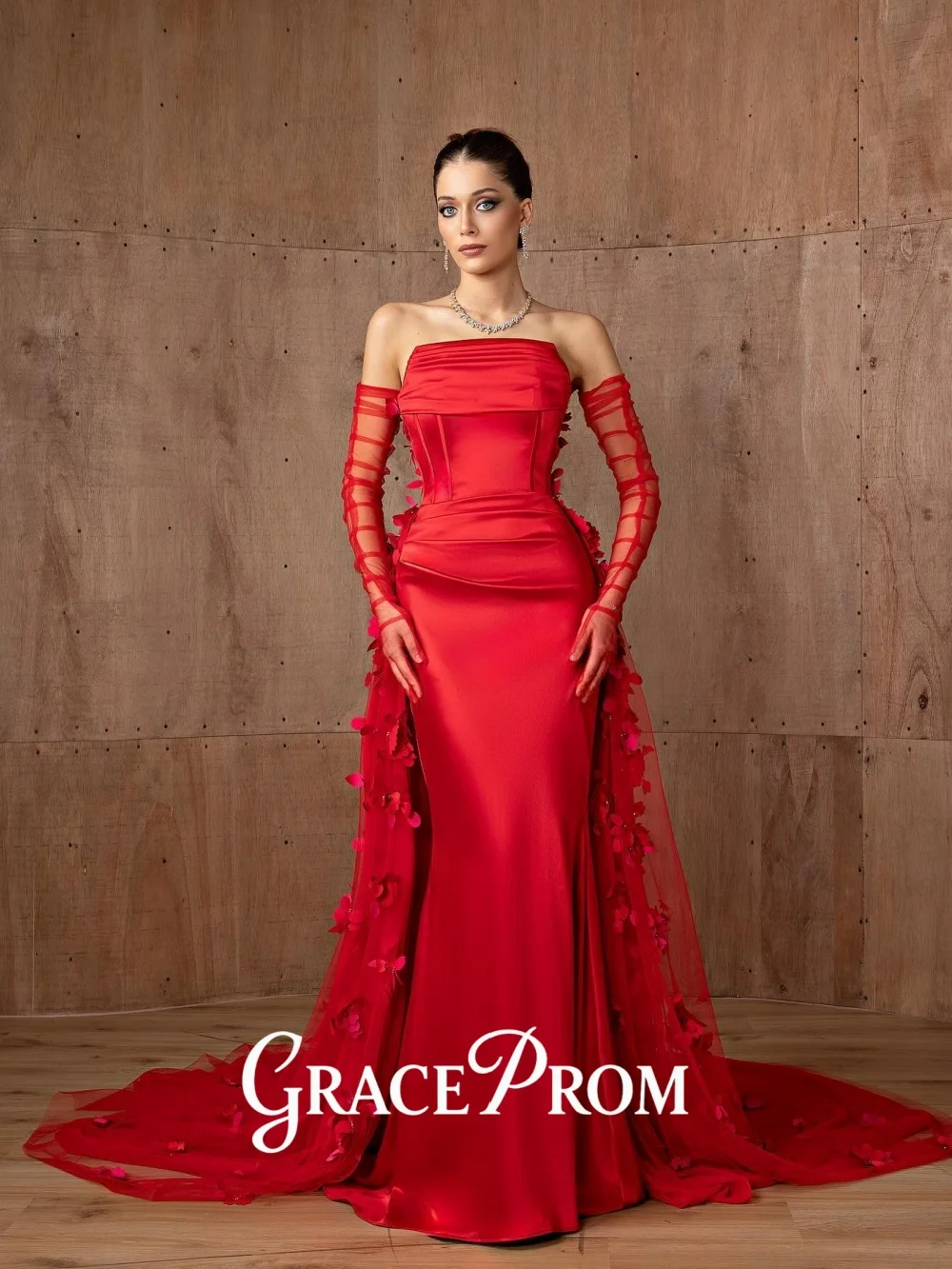 

Красное атласное вечернее платье GraceProm с открытыми плечами и 3D цветочным тюлевым шлейфом, 2026, платье премиум-класса с русалкой для красной ковровой дорожки, шикарное платье длиной до пола