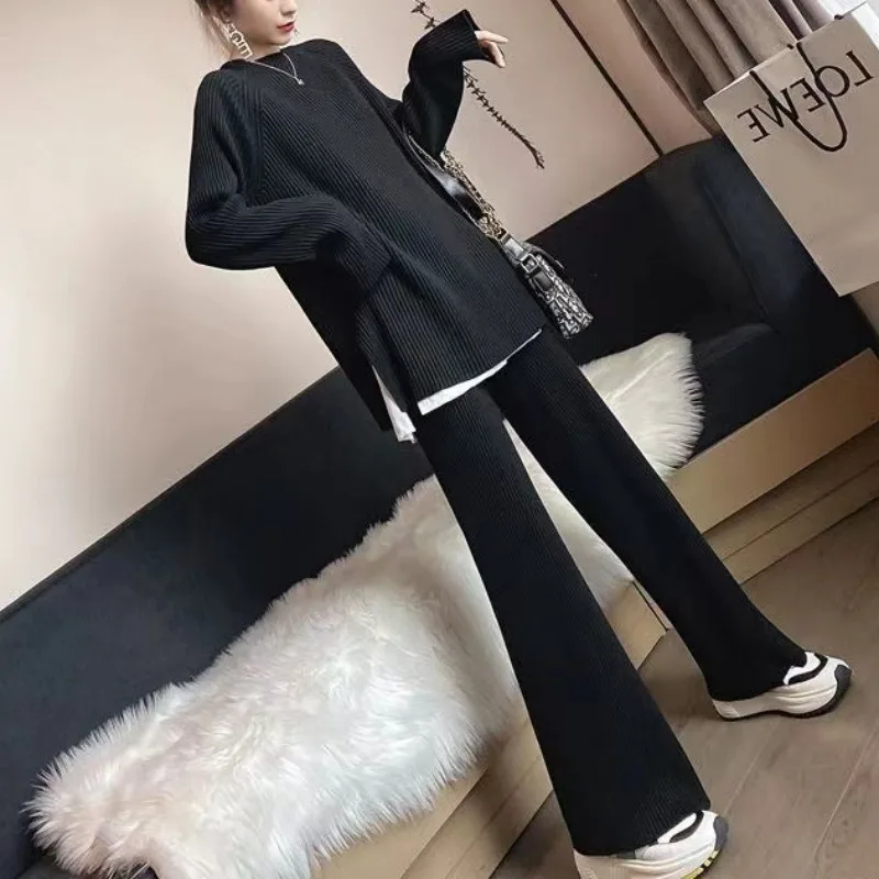 2023 Autumn Winter New Women Fashion Two Piece Trouser Set Woolen Pullover Wide Leg Trouser Set Pure Round Neck Knitted Sweater