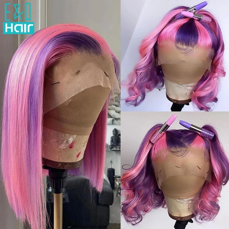 

Pink Purple Highlight Lace Front Wig Colored Human Hair Wigs Transparent Lace Frontal Wig Bob Wigs For Women Human Hair 180%