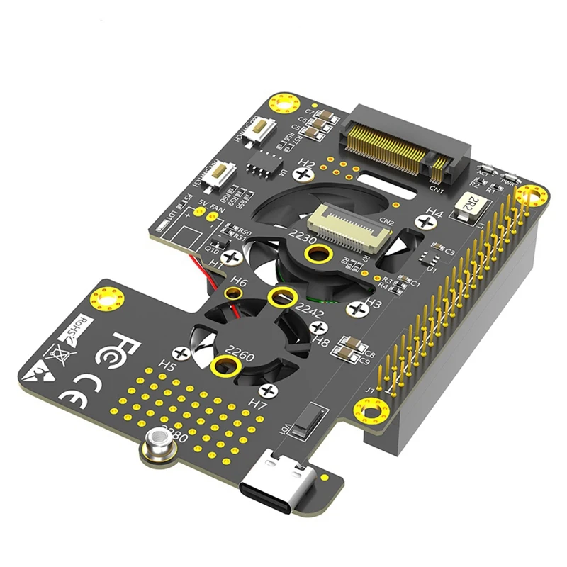 3 In 1 M.2 Nvme SSD To Pcie Adapter With Dual Cooler Fans And Automatic Discoloration LED For Raspberry Pi 5