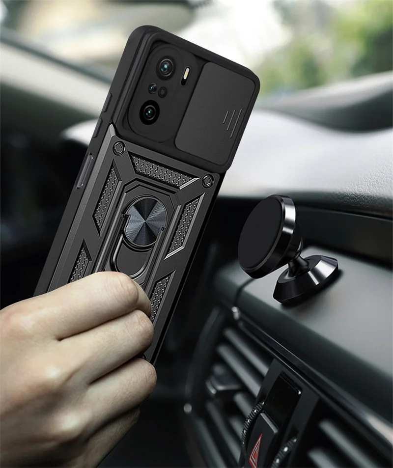 For Xiaomi Poco F3 5G Case Slide Camera Protect Phone Case For Poxo Poko Little F3 F 3 PocoF3 Shockproof Armor Ring Holder Cover