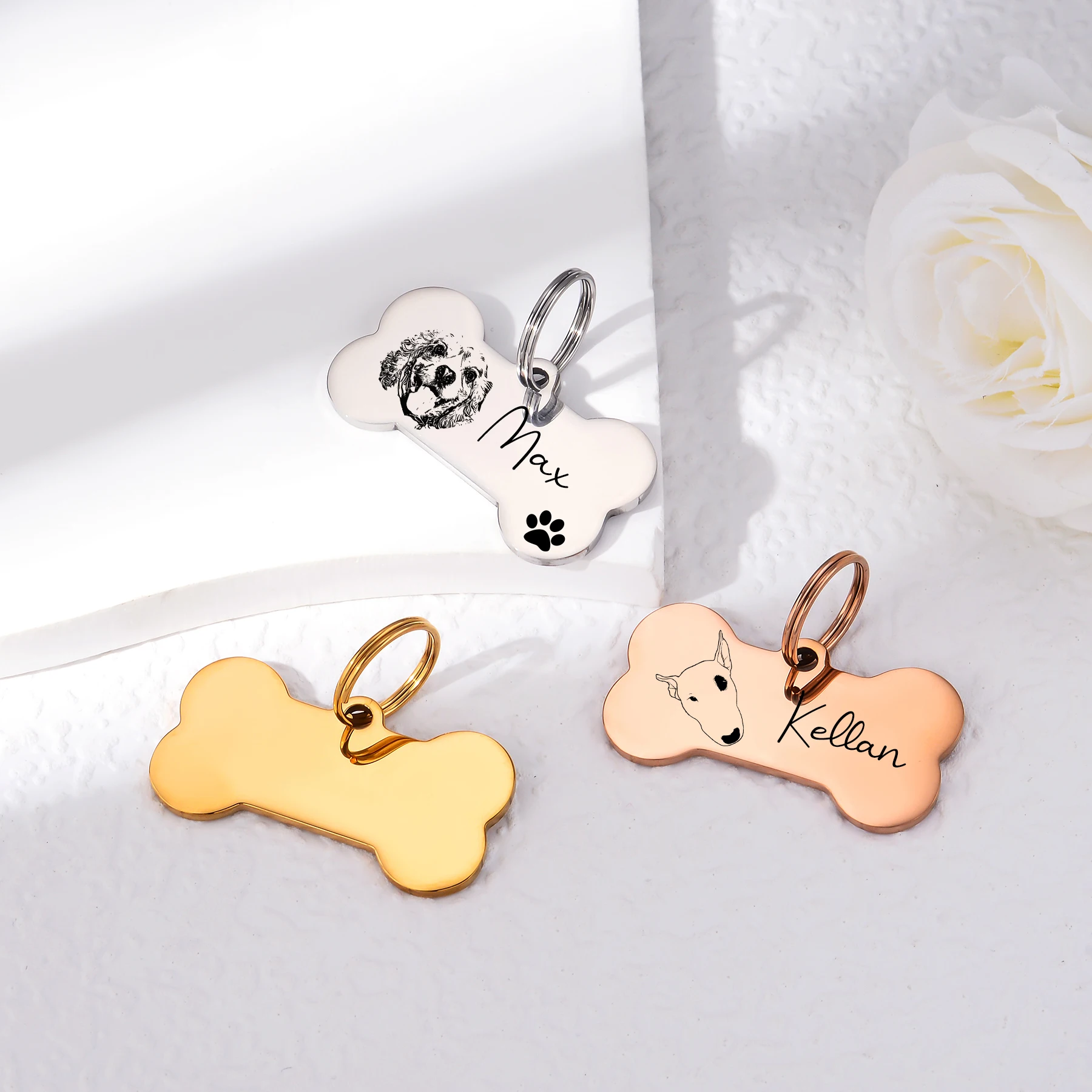 Custom Bone Dog Keychain Engraved Pet Portrait Name Telephone Tag Stainless Steel Jewelry Anti-Lost Cat/Dog Collar Pendant Gift view 2