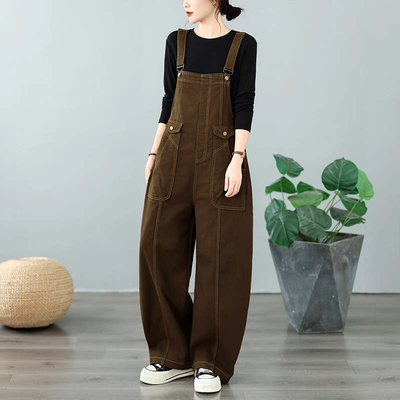 Casual Loose Fit Denim Overalls with Big Pockets Knife  Strap Long Pants  Color plus Size Women's Fashion Design