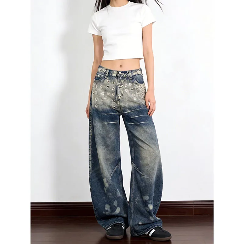 Women Men American‑style Streetwear Washed Gradient Jeans Lady Trendy Ink‑Splash Loose Straight Wide‑Leg Long Denim Trousers