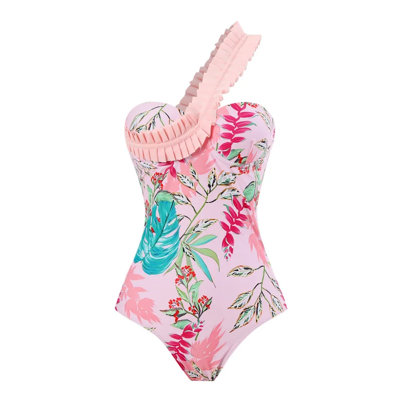 2025Neuer bedruckter einteiliger Badeanzug für Damen, sexy One-Shoulder-Bikini-Badebekleidung mit Netzrock