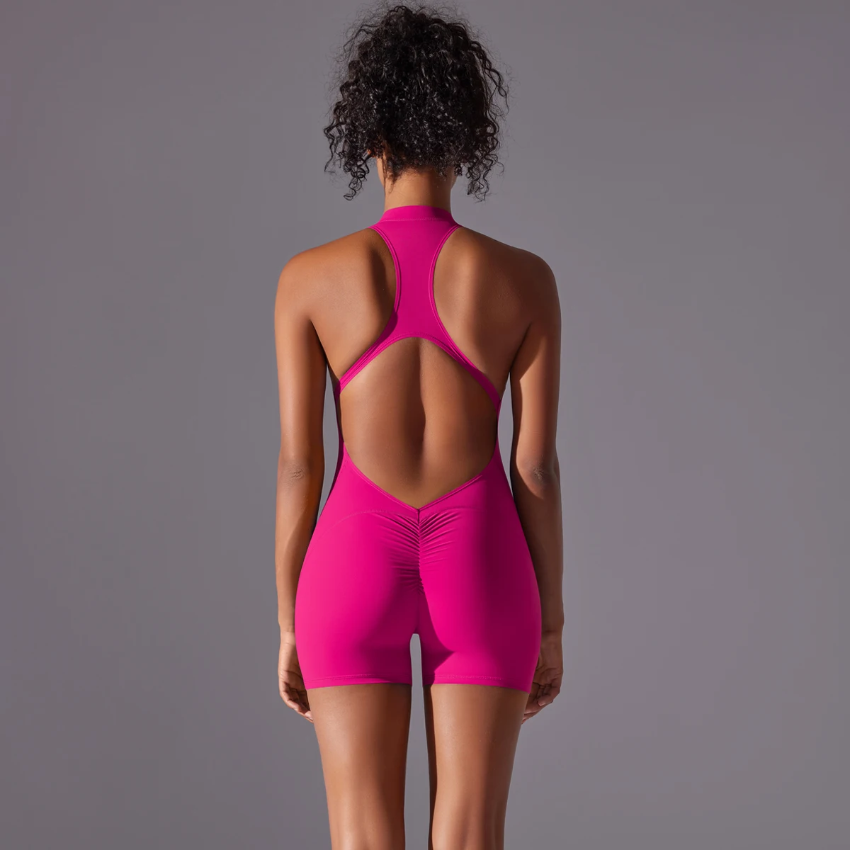 Halb Zipper Frauen Bodys Gym Push Up Workout Kleidung Backless Scrunch Fitness Sport Yoga Body Ärmel Fitness Overall – Detail 19