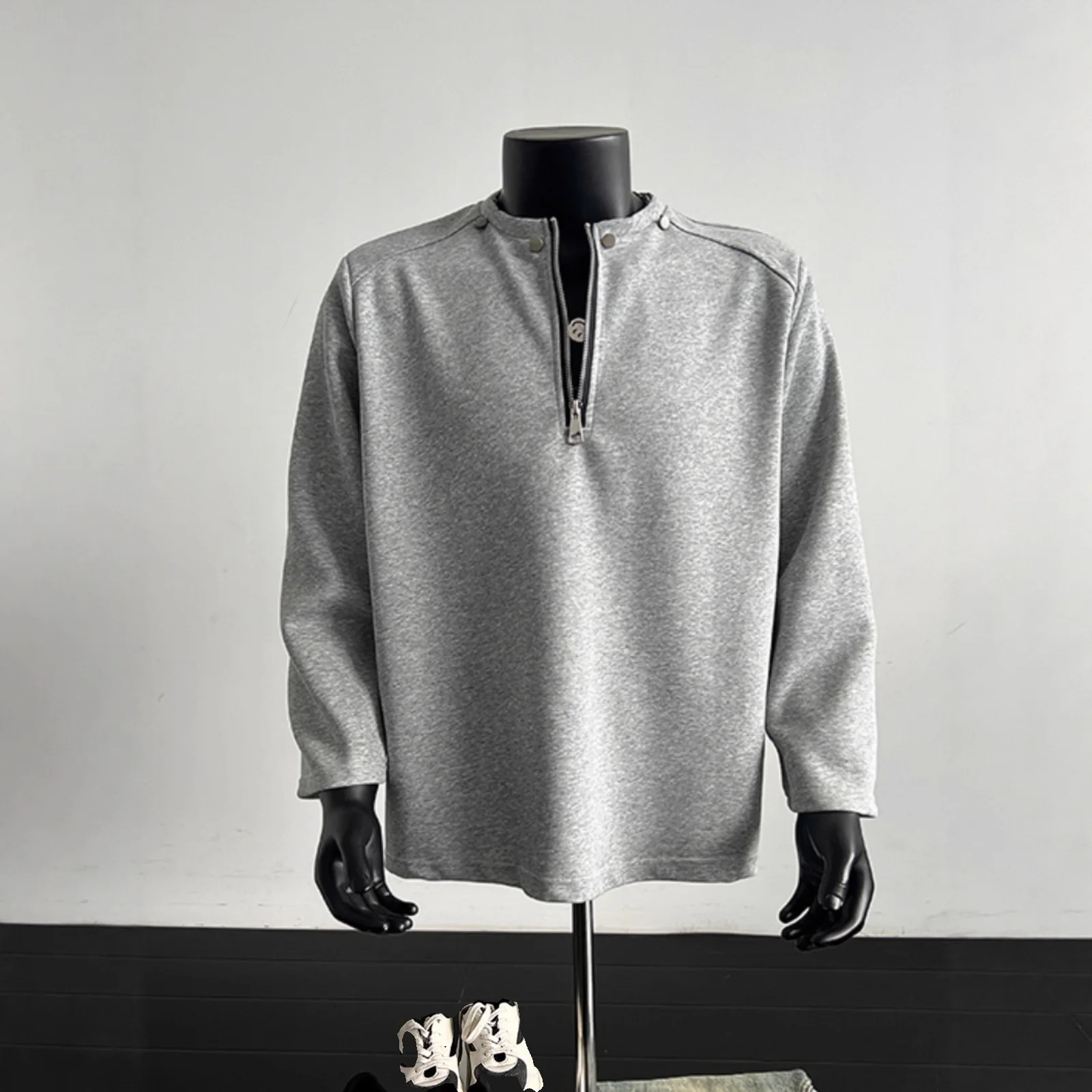

Black Half-zipper Shoulder Sweater Men's Spring and Autumn Willow Nails Long-sleeved T-shirt Bottoming Shirt