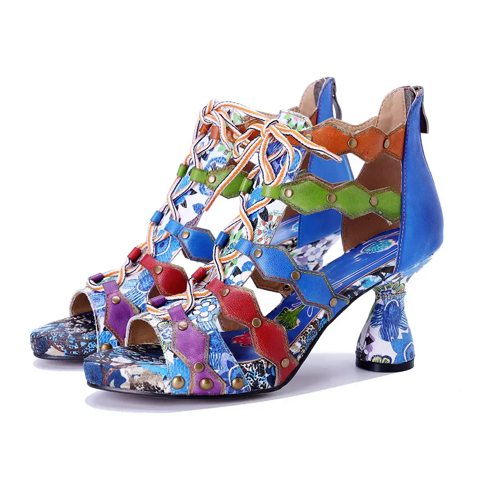 Socofy Raffan Summer New Women's Handmade Genuine Leather Colorful Bohemian Style Riveted Sandals Hollow Out High Heeled Sandals