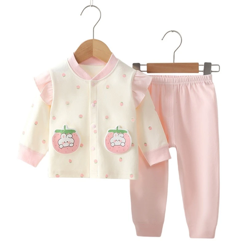 

Baby Girl's Autumn Cotton Thermal Pajamas Cute Fruit & Rabbit Print Underwear Set Halloween Long-Sleeve Stand-Collar Suit