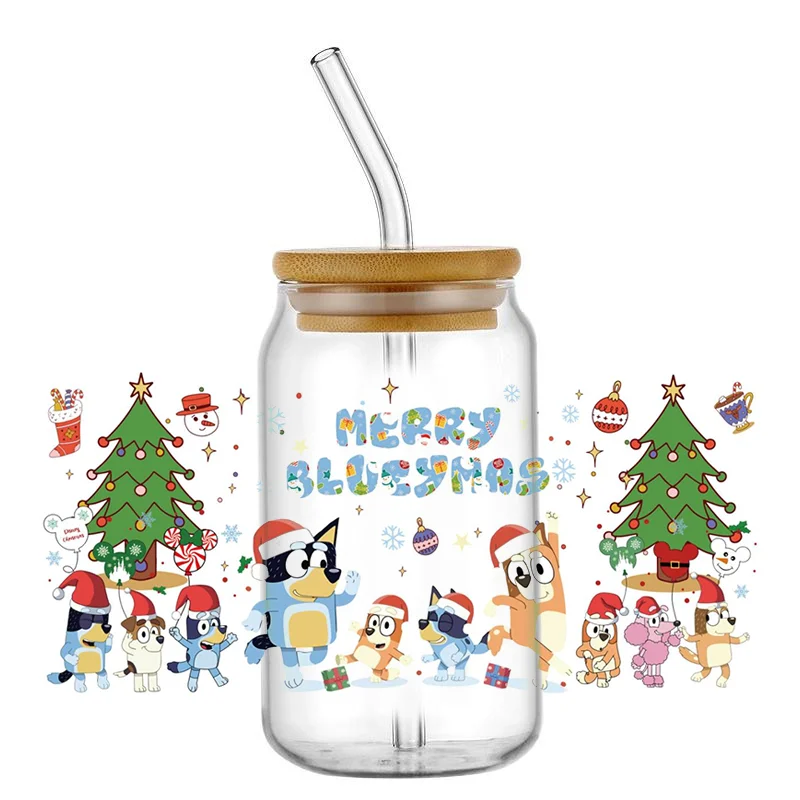 Miniso Christmas Cartoon Dog 3D UV DTF Sticker For Glass Cup Can Wrap Transfer Decal Sticker Custom Labels DIY Logo Gift