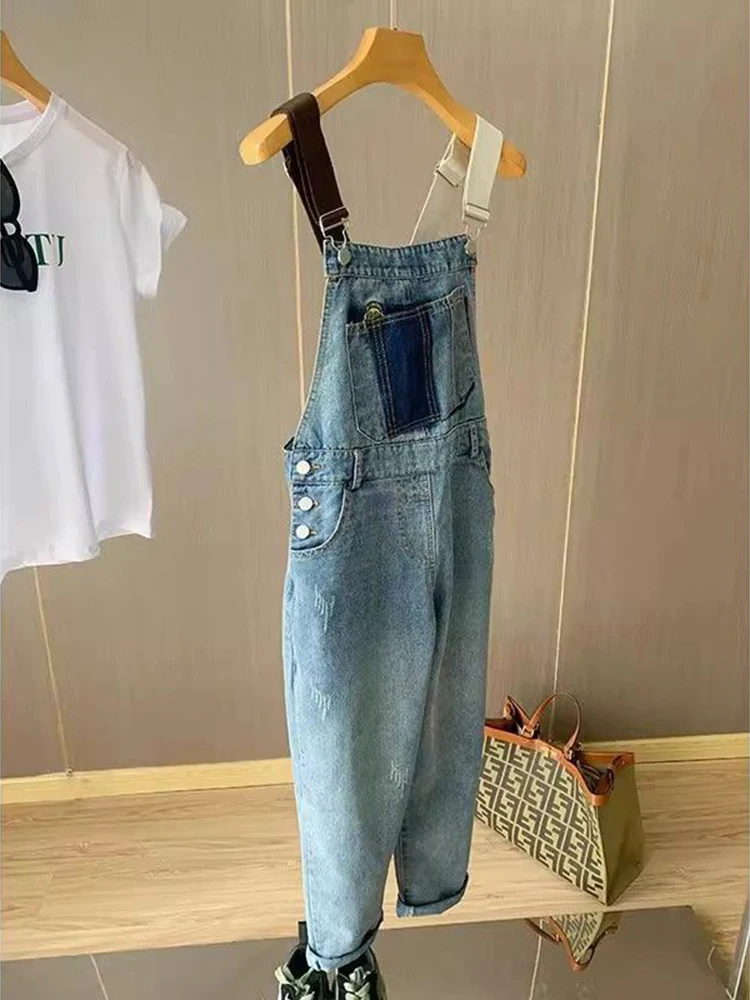 

Fashionable contrasting color shoulder strap embroidered strap jeans women niche design sense casual versatile strap pants