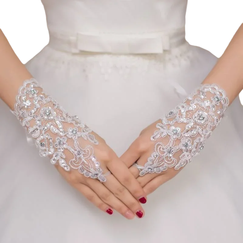 Lovely Short  Lace Beads  Gloves Wrist  Length Bridal Fingerless Gloves  Wedding  Accessories