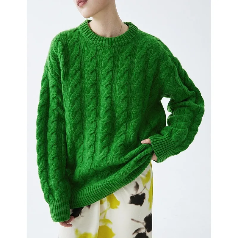 Heavyweight Merino Woolen Sweater Versatile Lazy Loose Round Neck Twisted Flower Bottom Knitting Shirt Autumn/Winter Green Sweat