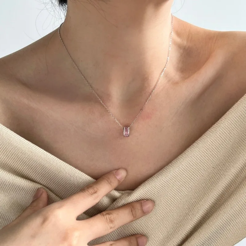 Shining U S925 Silver Pink Gems Pendant Necklace for Women Fine Jewelry Summer Gift