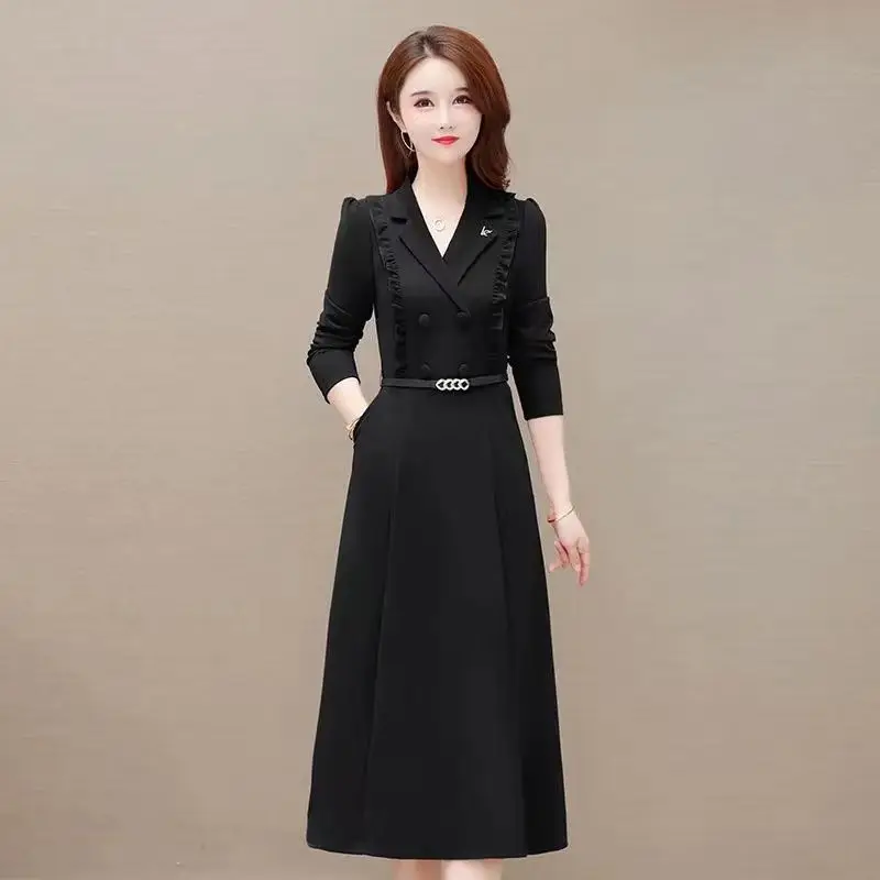 

Temperament Dress for Women in Spring and Autumn New Korean Version Long Sleeved Waist Cinched Suit Collar Mid Length Skirt