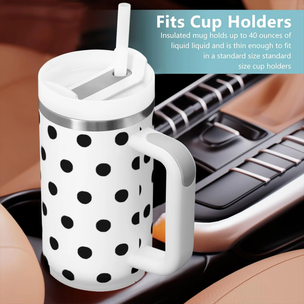 Classic Black White Polka Dot  Special 40 oz Tumbler Handle Straw Lid,Stainless Steel Insulated Tumblers,Travel Coffeec cup